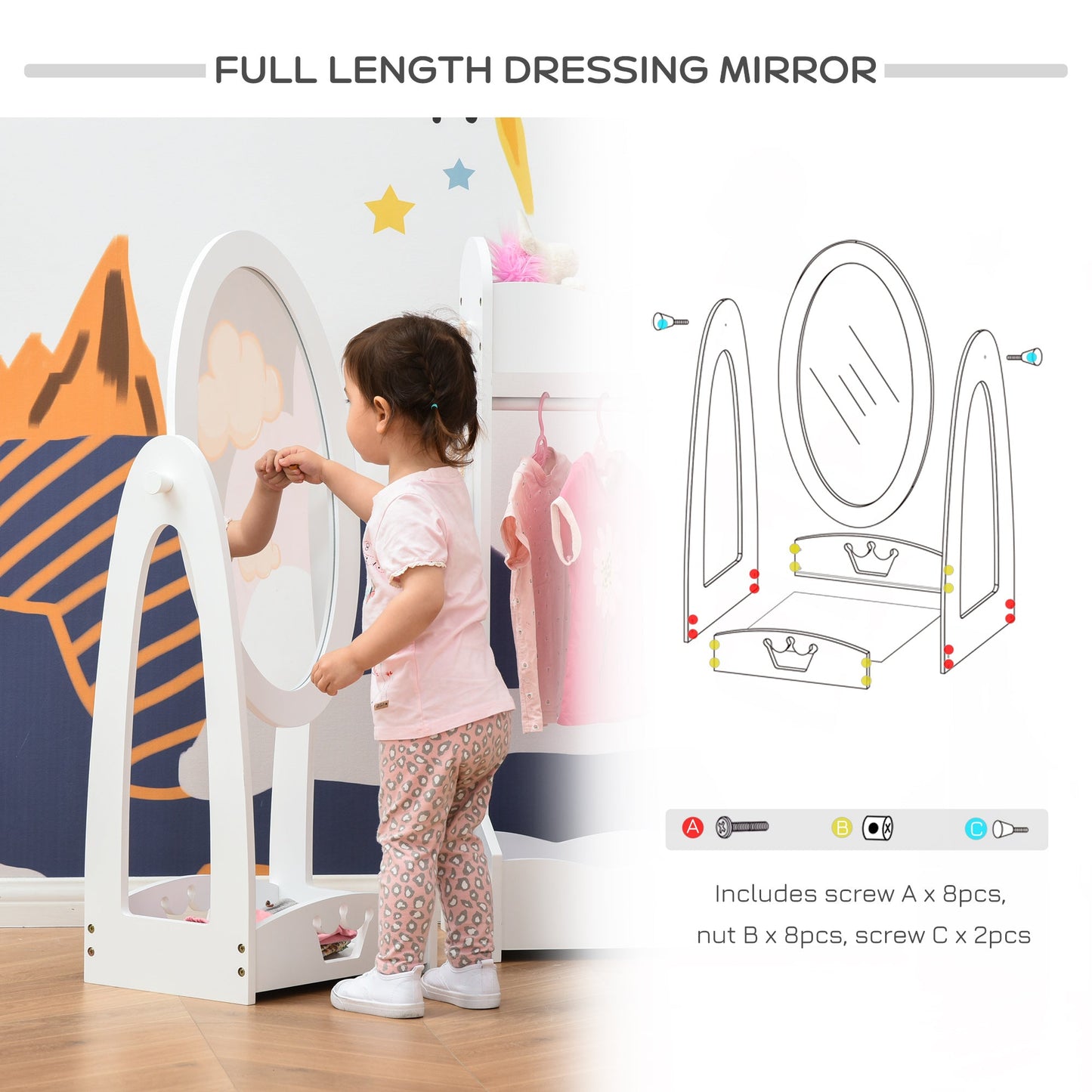 HOMCOM Kids Full Length Mirror 360 Rotation With Storage Shelf Enchanting White Dressing Vanity For 3-8 Years