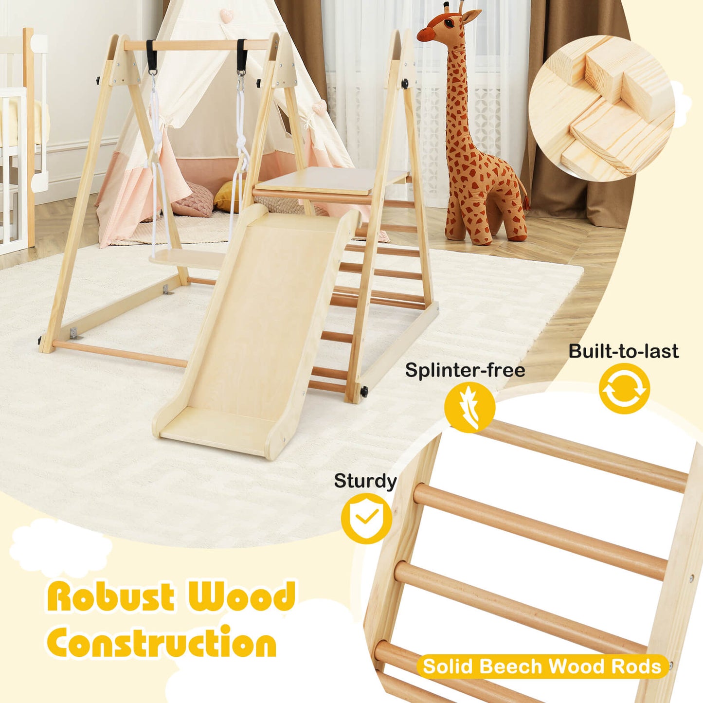 3 In 1 Foldable Wooden Indoor Jungle Gym With Swing For Kids Space Saving Climbing Toy