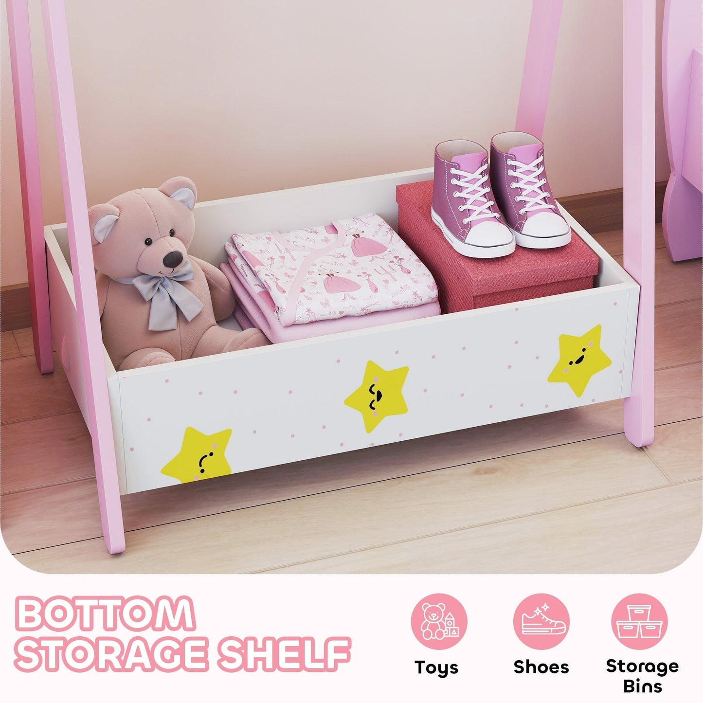 AIYAPLAY Kids Clothing Rack With Hangers And Storage Shelf Pink Star Theme Ages 3 To 6