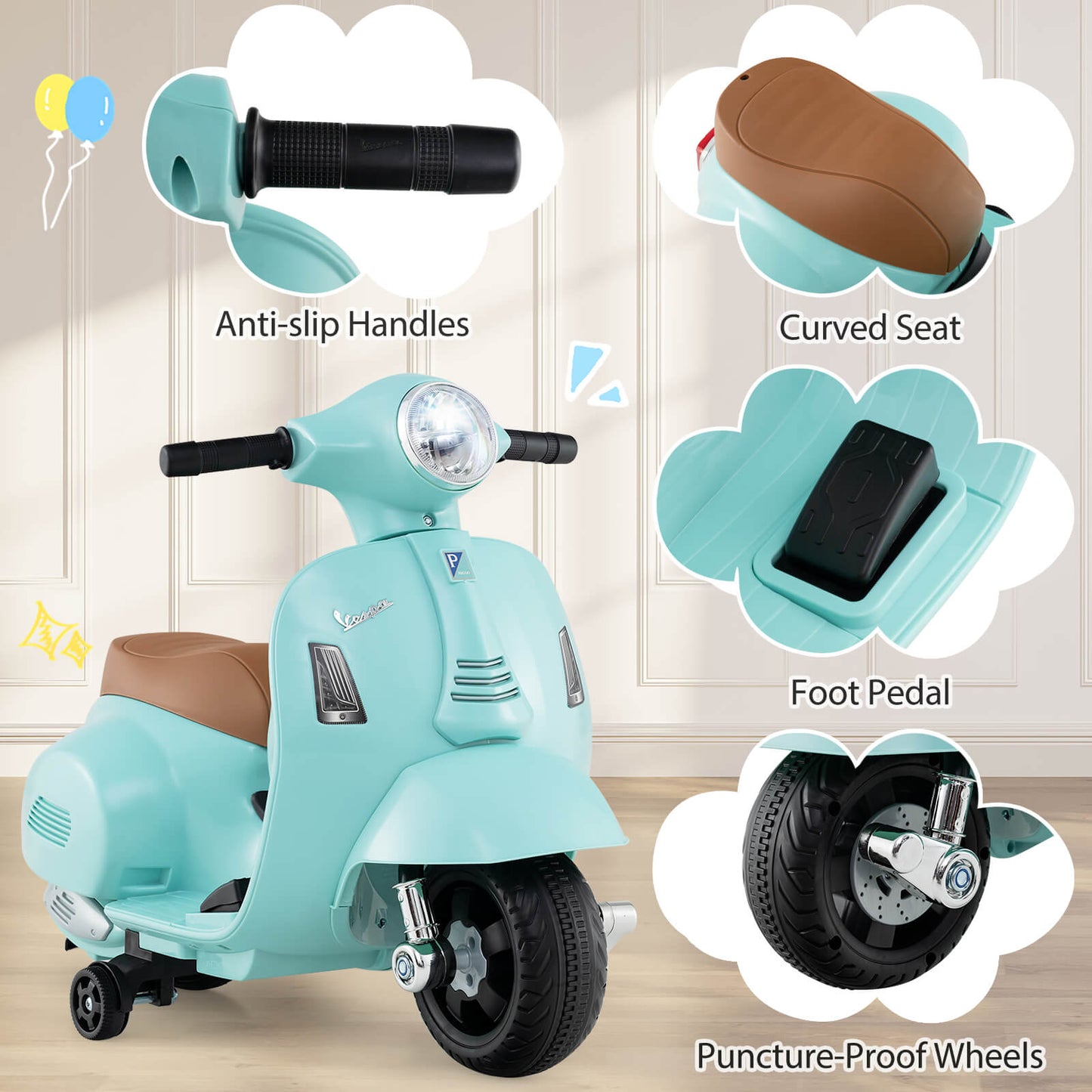 Vespa Licensed 6V Kids Ride On Motorcycle with Lights and Horn Sound for Boys and Girls