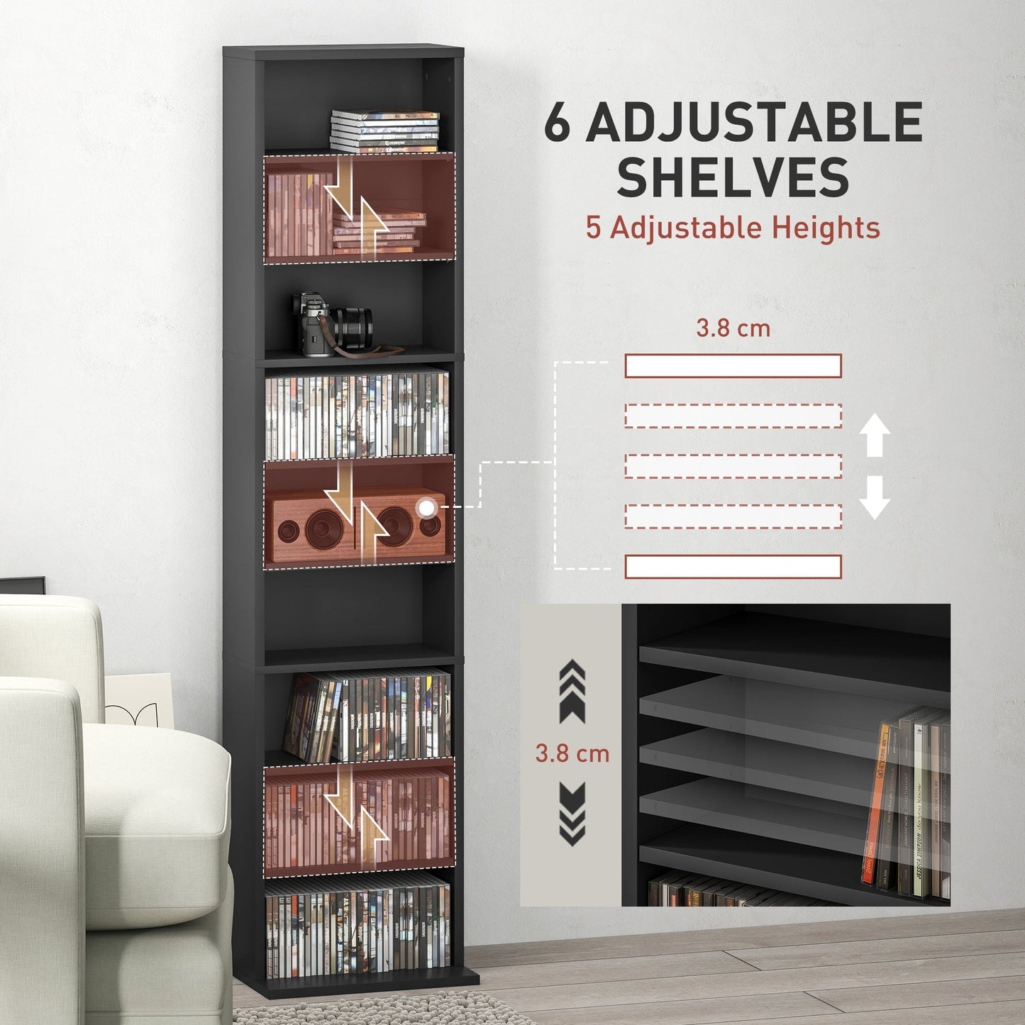 HOMCOM 260 CD Storage Unit Narrow Black For Home Media Rooms Holds Up To 260 CDs Or 120 DVDs With 6 Adjustable Shelves