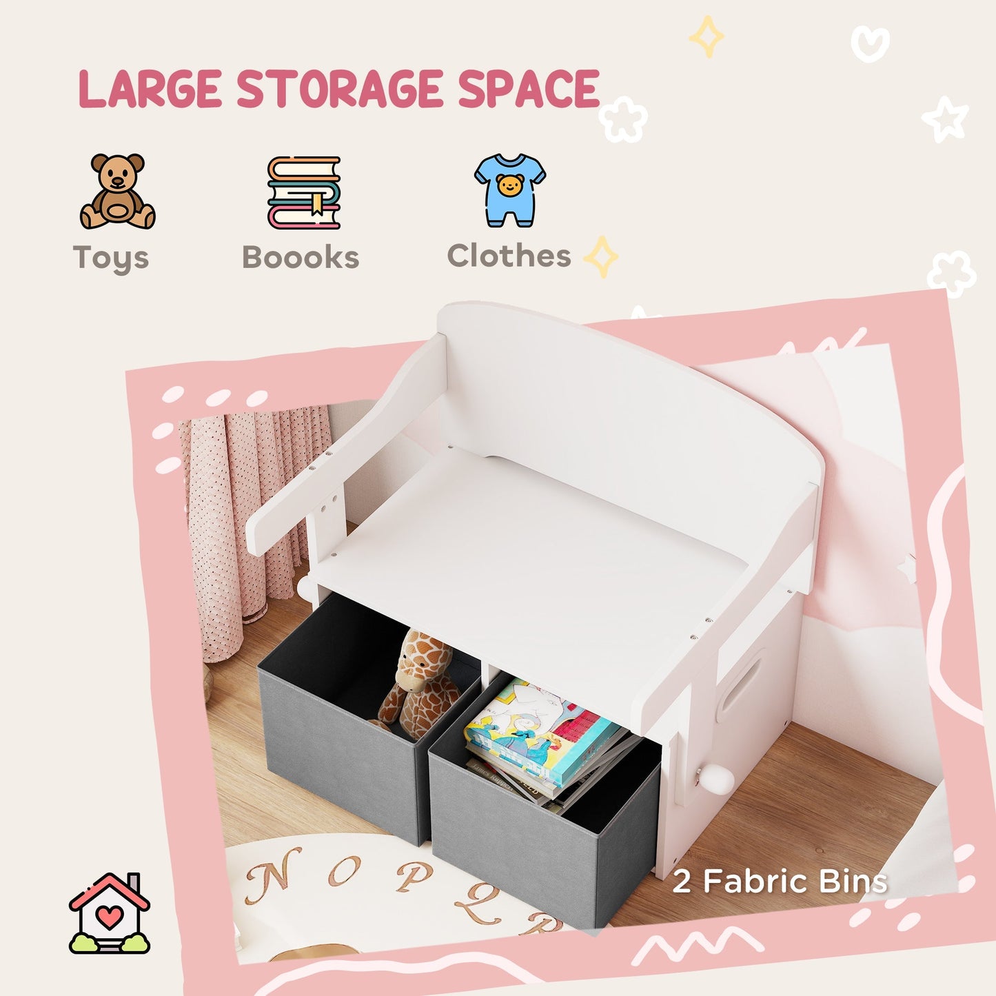 AIYAPLAY 3 In 1 Kids Storage Bench Convertible Table Chair Set With Bins