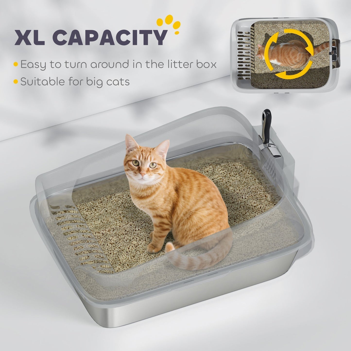 PawHut XL Stainless Steel Cat Litter Box With High Sides And Scoop, Odor Resistant, Spacious For Large Cats