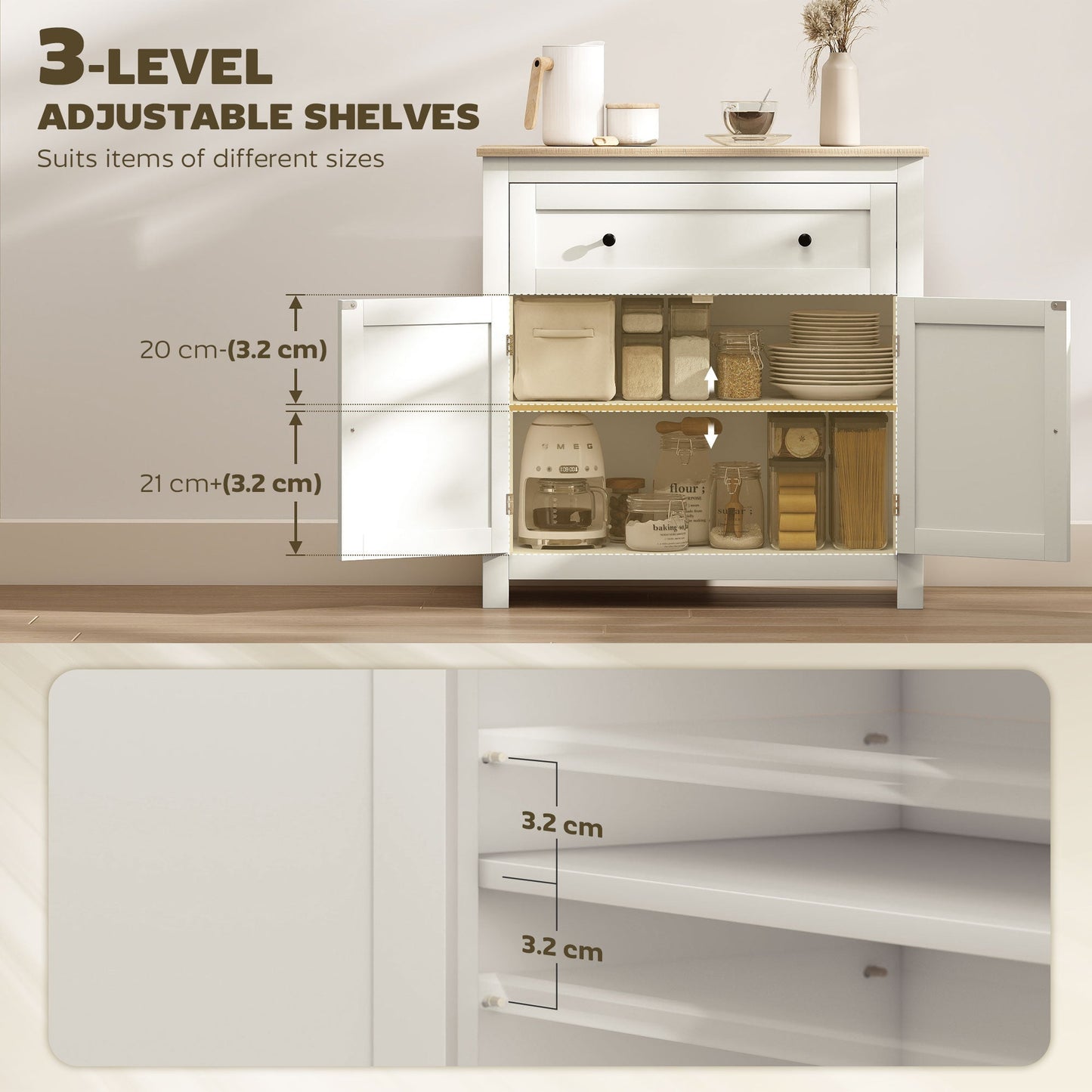 HOMCOM Sideboard Storage Cabinet For Living Rooms And Kitchens With Adjustable Shelf Drawer And Double Doors Cream White