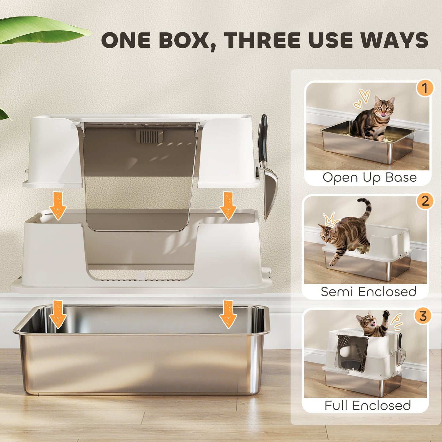 PawHut Stainless Steel Litter Box XL With 100 Degree Flip Top Dual Entry Odor Free For Large Cats