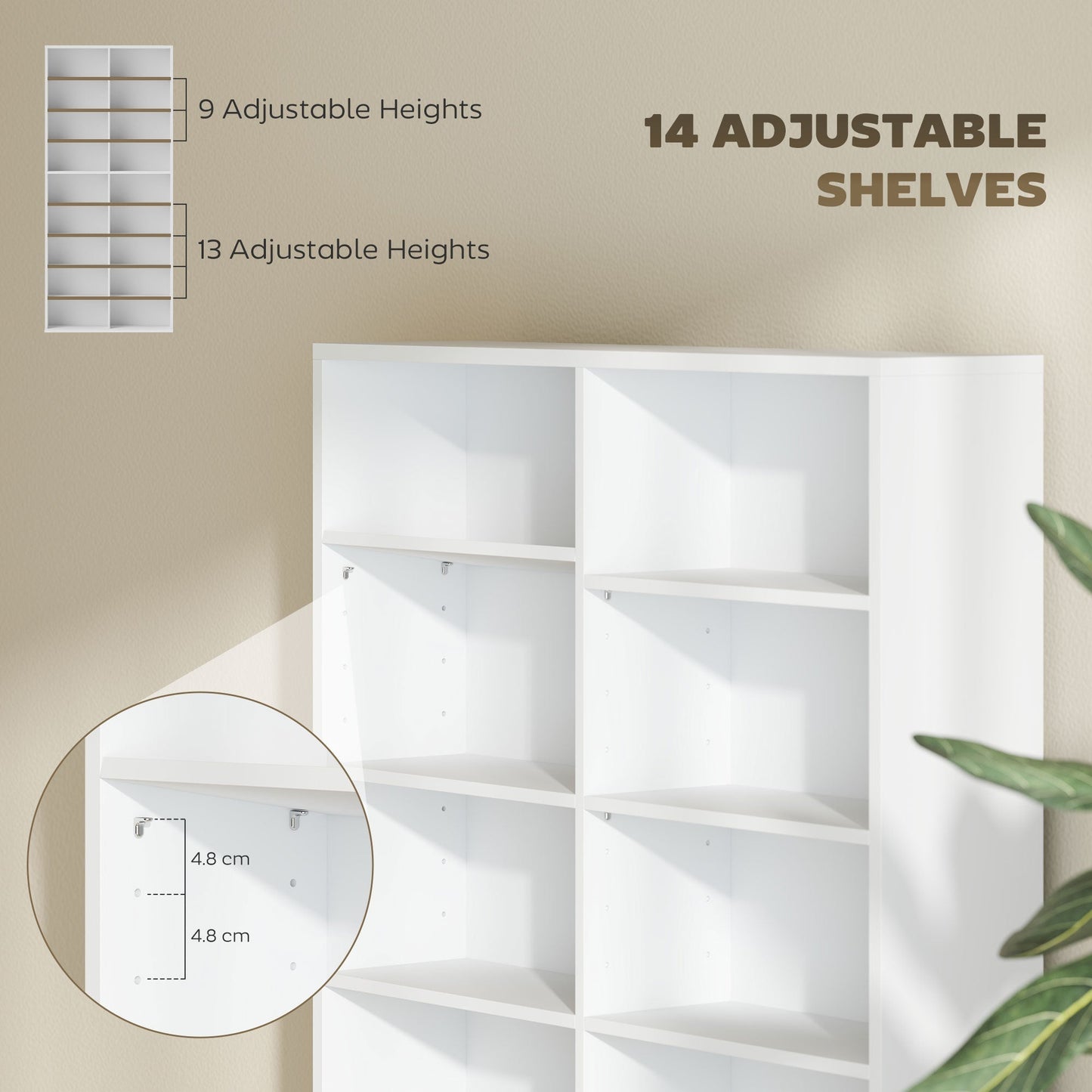 HOMCOM 640 CD Storage Tower White Durable 14 Adjustable Shelves Anti Tip Design For Home Media Organization