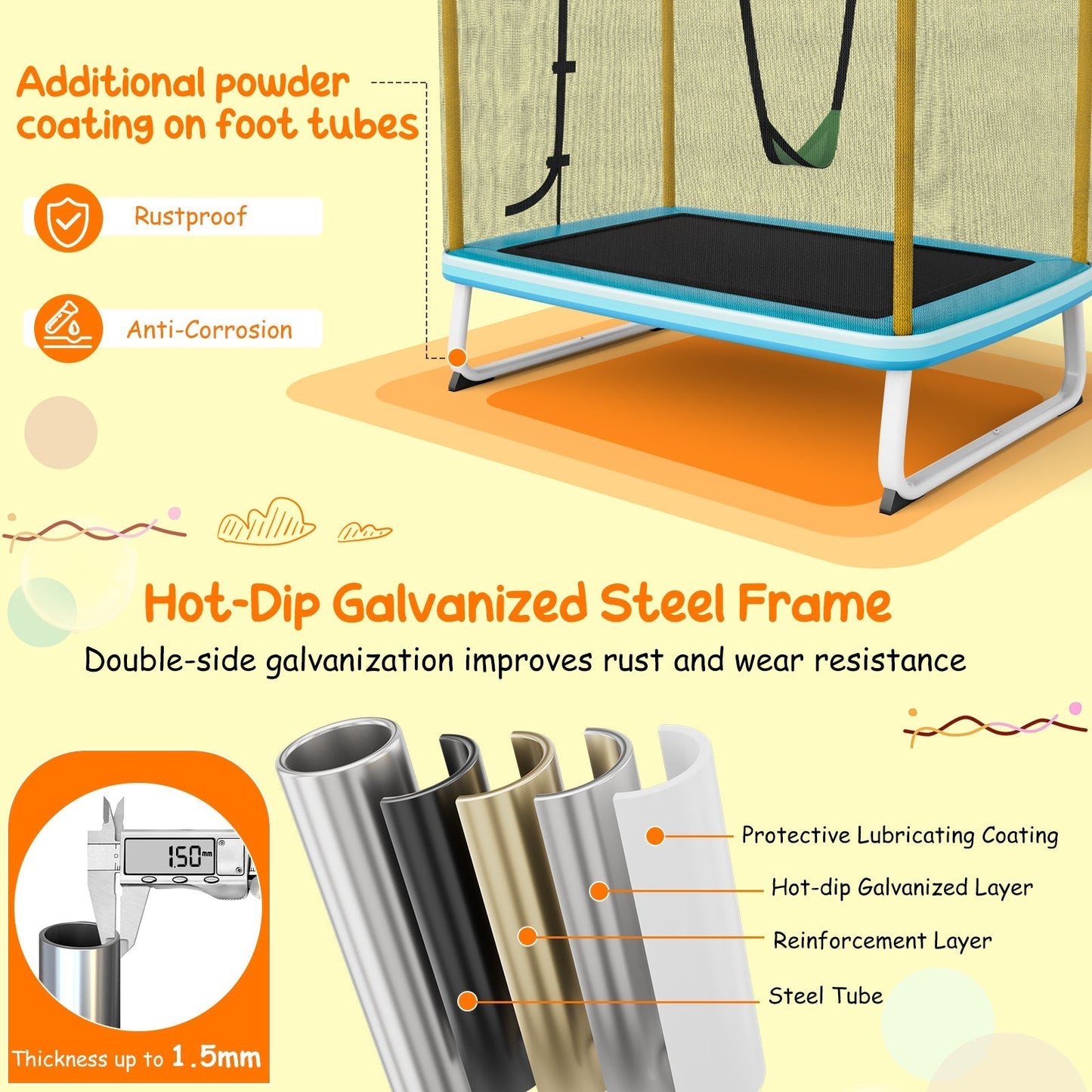 Kids Rectangle Trampoline 190cm With Enclosure Net And Horizontal Bar Yellow Safe Durable Fun