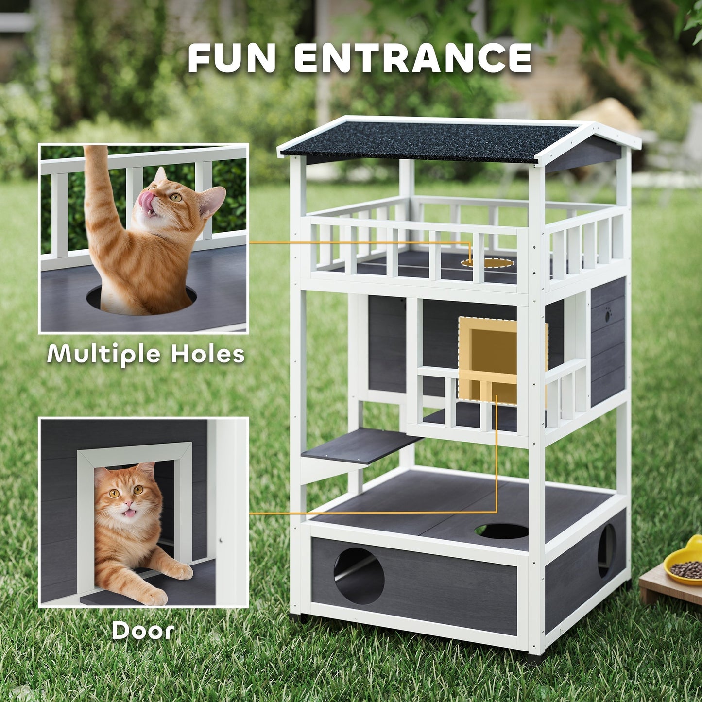 PawHut Outdoor Cat House 3 Tier Shelter With Tilted Roof Terrace Jump Step Waterproof Paint For Cat Lovers