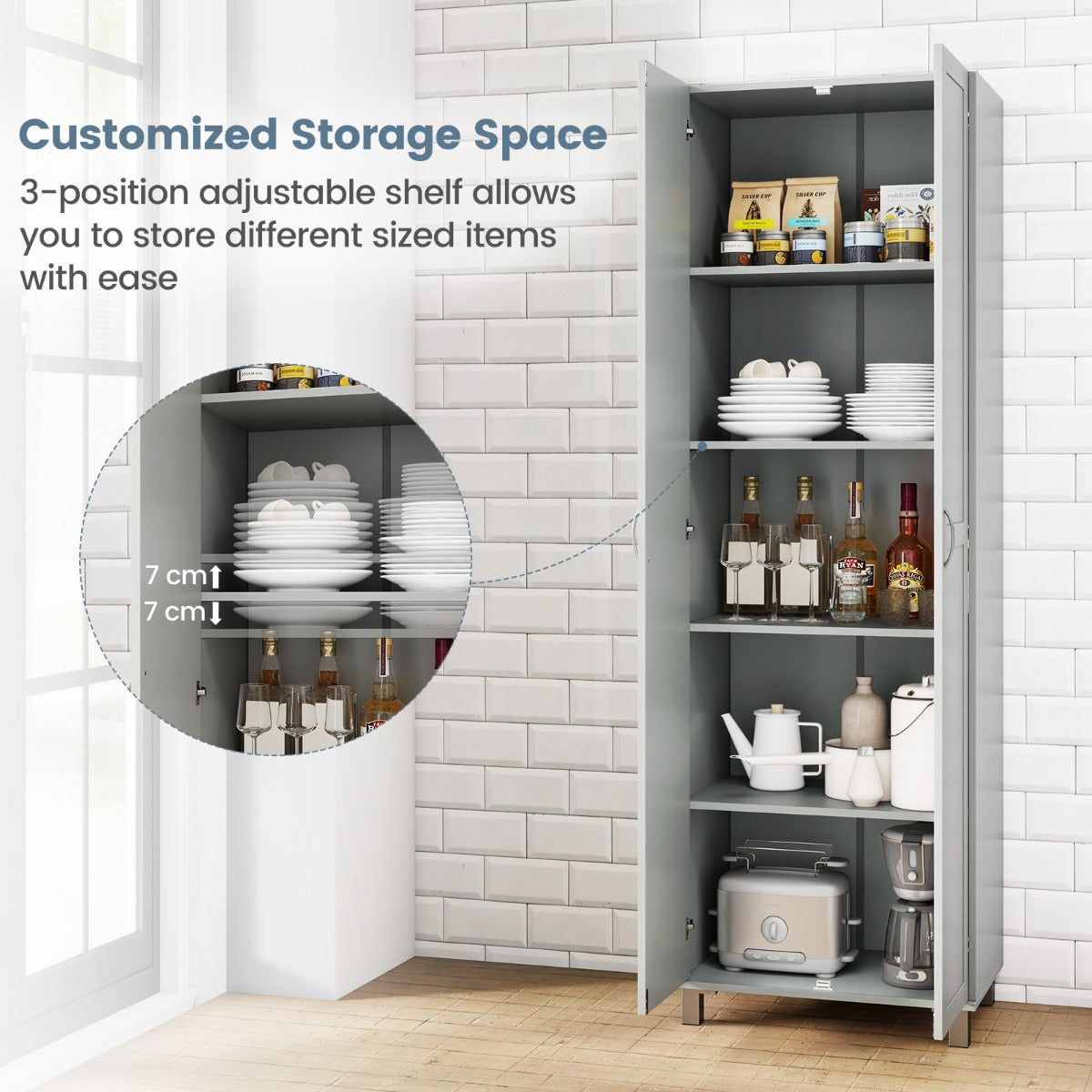 Double Door Tall Storage Cabinet With Adjustable Shelves And Anti Tilt Design For Home And Small Space