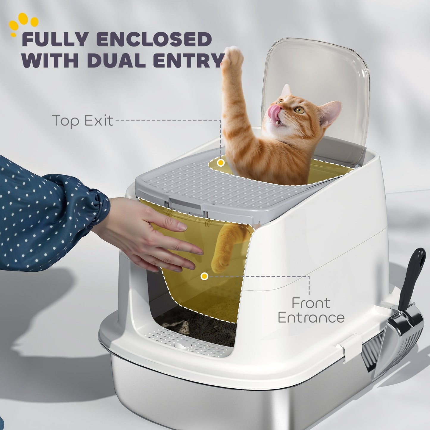 PawHut Stainless Steel Litter Box Enclosed With Front Entry Top Exit Odor Resistant For Cats