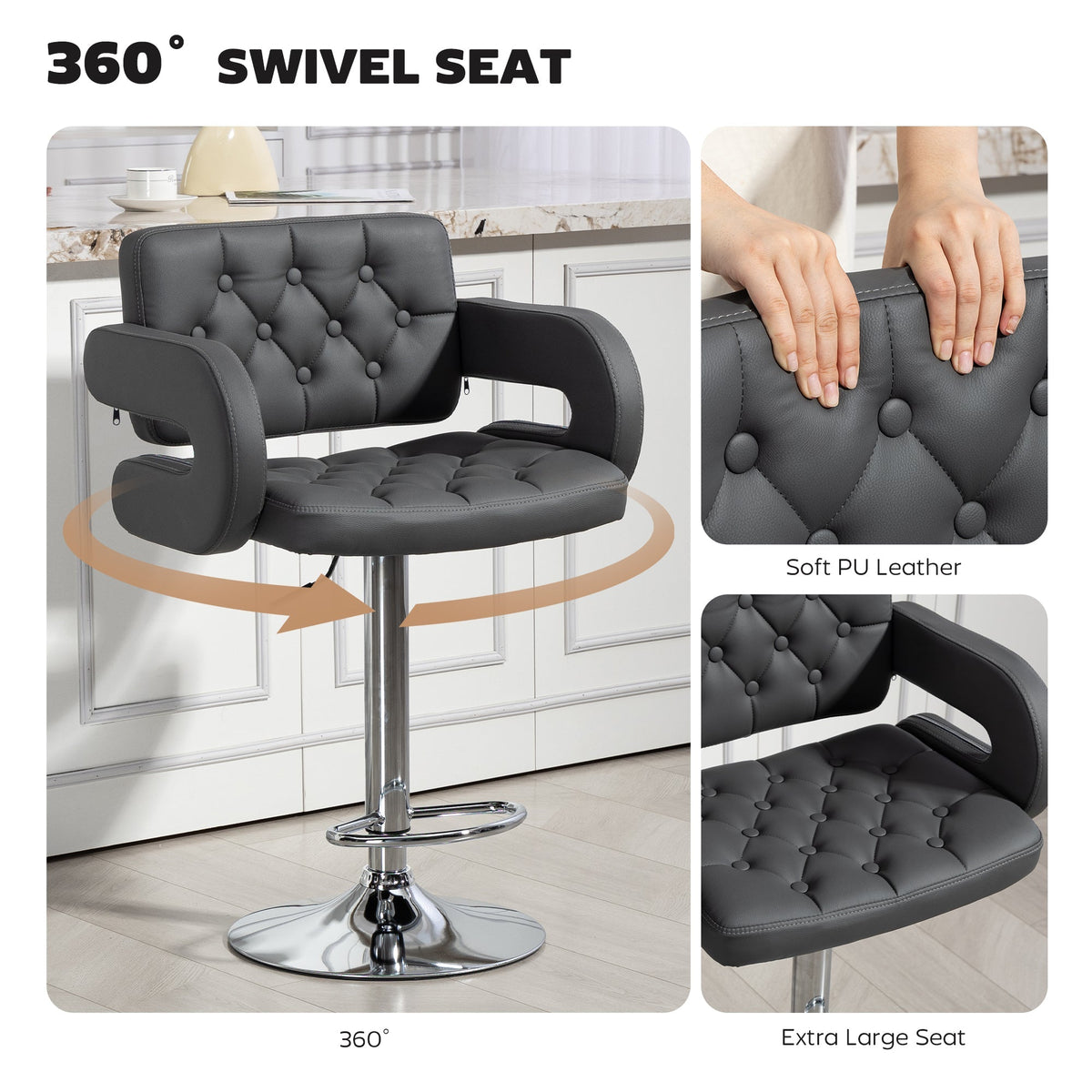 HOMCOM PU Leather Swivel Bar Stool For Home Kitchens With Height Adjustable Back Armrest Footrest Modern Grey