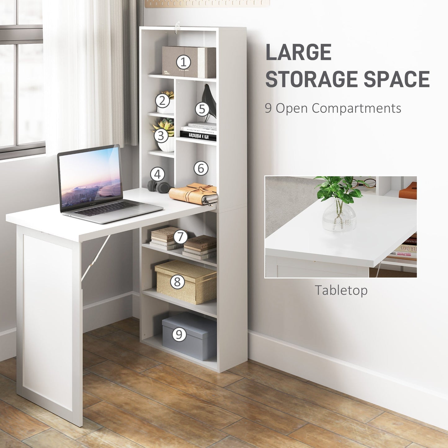 HOMCOM Fold Out Desk 98cm With Storage And Writing Board For Small Home Offices Space Saving White
