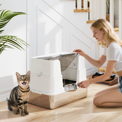 PawHut Stainless Steel Litter Box XL With 100 Degree Flip Top Dual Entry Odor Free For Large Cats