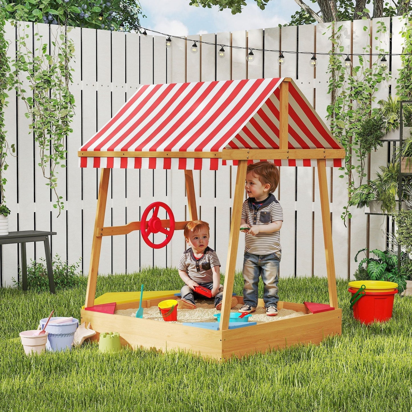 AIYAPLAY Wooden Boat Style Sandpit With Canopy For Kids Aged 3 To 8 Imaginative Outdoor Adventure