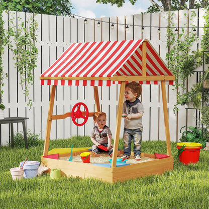 AIYAPLAY Wooden Boat Style Sandpit With Canopy For Kids Aged 3 To 8 Imaginative Outdoor Adventure