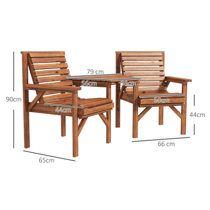Outsunny Wooden Garden Love Seat With Coffee Table And Umbrella Hole Tan Brown Outdoor Patio Set