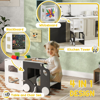 AIYAPLAY 4 In 1 Toddler Standing Tower Step Stool With Safety Rail Foldable For Toddlers Kitchen Bathroom Desk Whiteboard