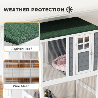 PawHut Wooden Catio Outdoor Cat Enclosure With Waterproof Roof Platforms For Multiple Cats White