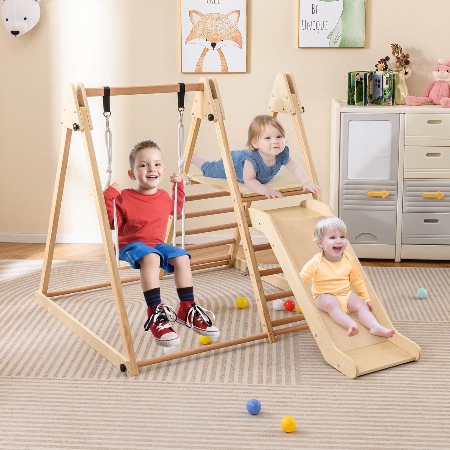 3 In 1 Foldable Wooden Indoor Jungle Gym With Swing For Kids Space Saving Climbing Toy