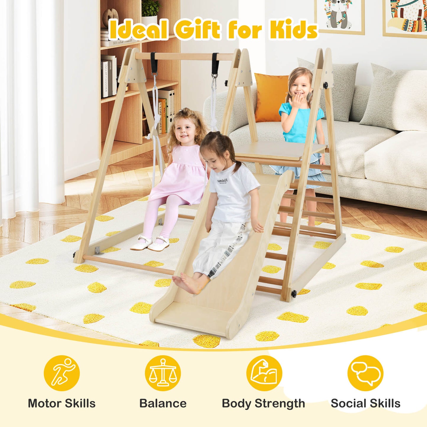 3 In 1 Foldable Wooden Indoor Jungle Gym With Swing For Kids Space Saving Climbing Toy