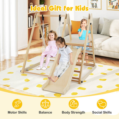 3 In 1 Foldable Wooden Indoor Jungle Gym With Swing For Kids Space Saving Climbing Toy