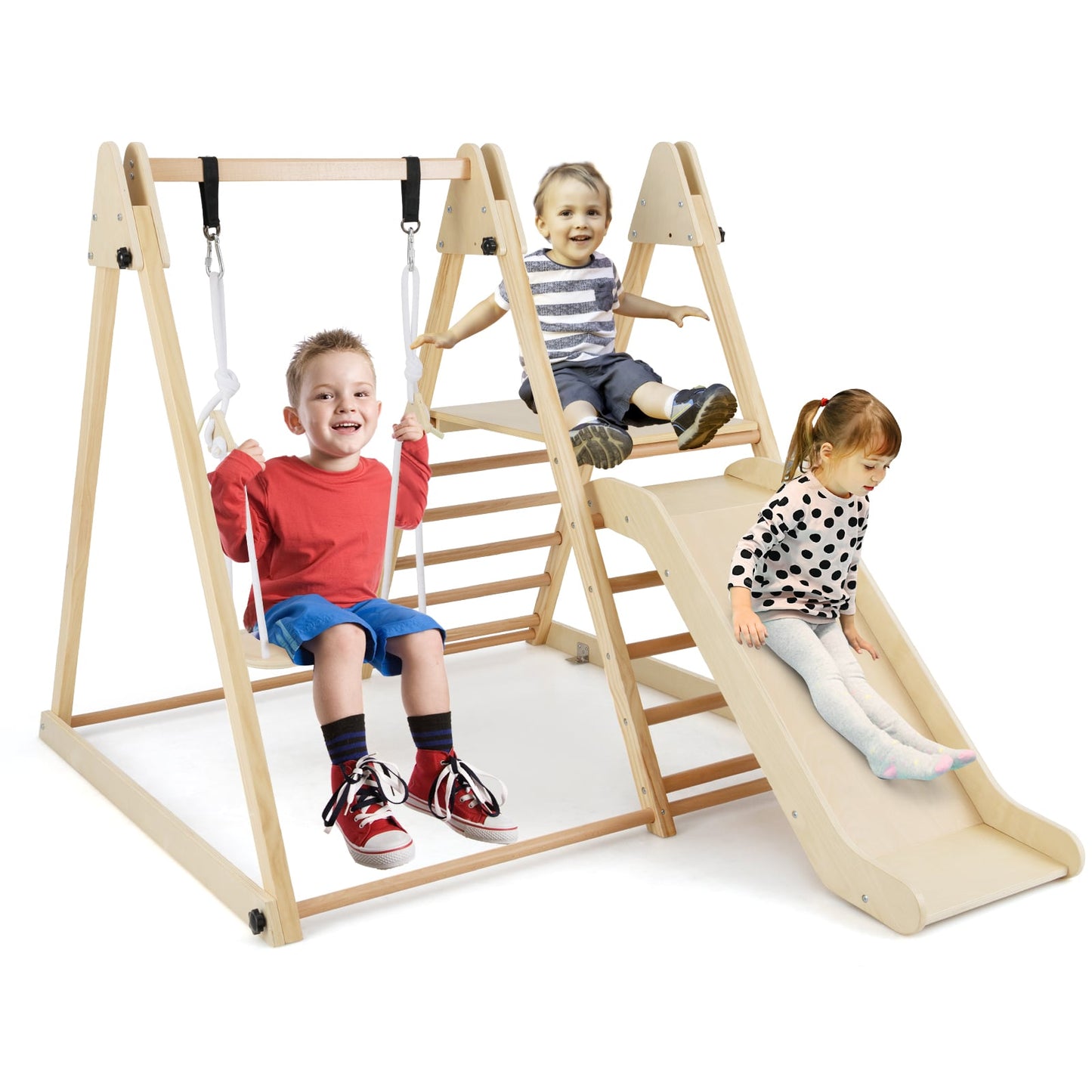 3 In 1 Foldable Wooden Indoor Jungle Gym With Swing For Kids Space Saving Climbing Toy