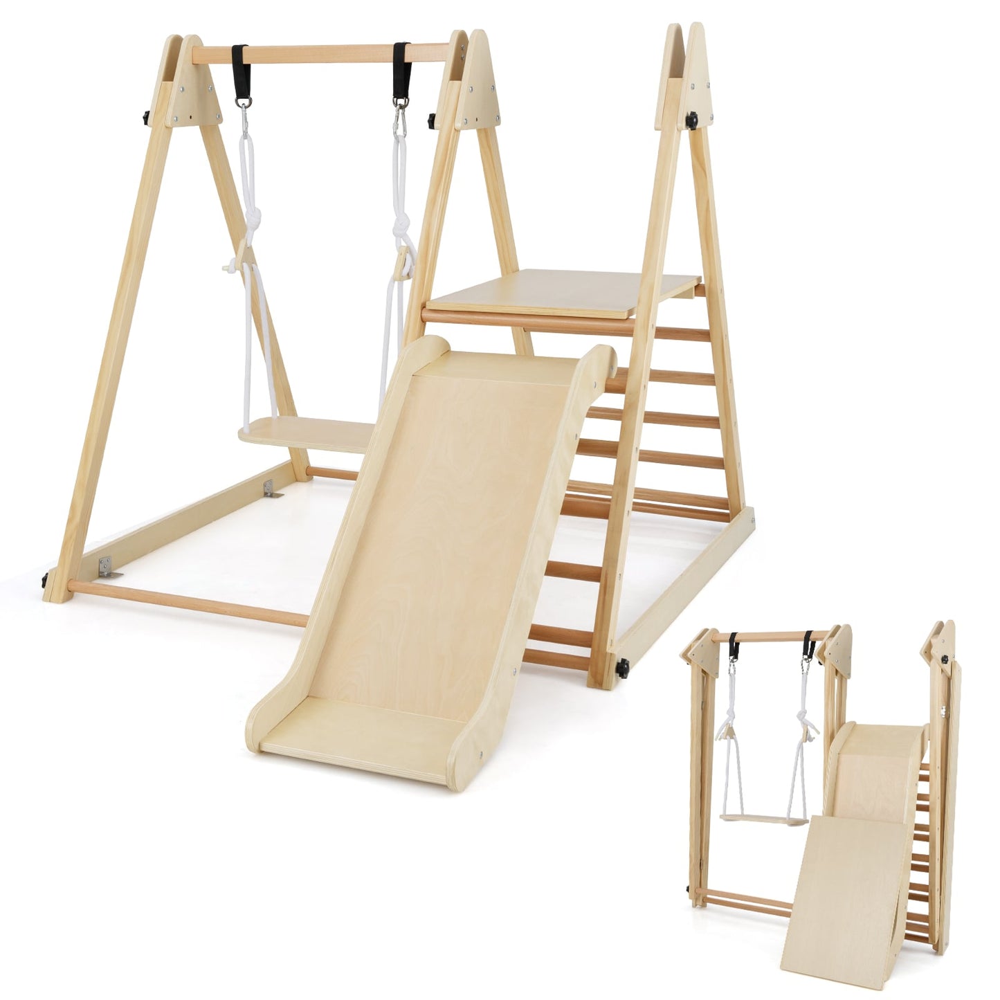 3 In 1 Foldable Wooden Indoor Jungle Gym With Swing For Kids Space Saving Climbing Toy