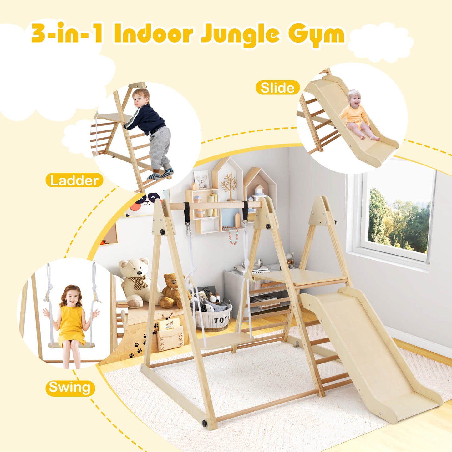 3 In 1 Foldable Wooden Indoor Jungle Gym With Swing For Kids Space Saving Climbing Toy