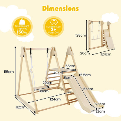 3 In 1 Foldable Wooden Indoor Jungle Gym With Swing For Kids Space Saving Climbing Toy