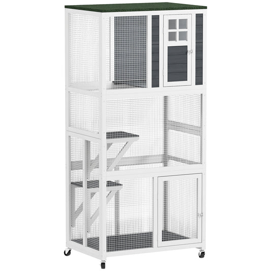 PawHut Wooden Catio Outdoor Cat Enclosure With Waterproof Roof Platforms For Multiple Cats White