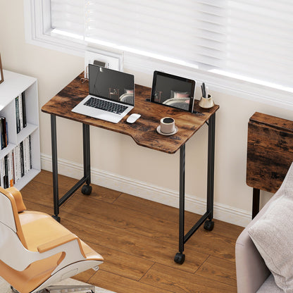 HOMCOM Folding Desk On Wheels With Locking Wheels Rustic Brown Space Saving For Small Spaces