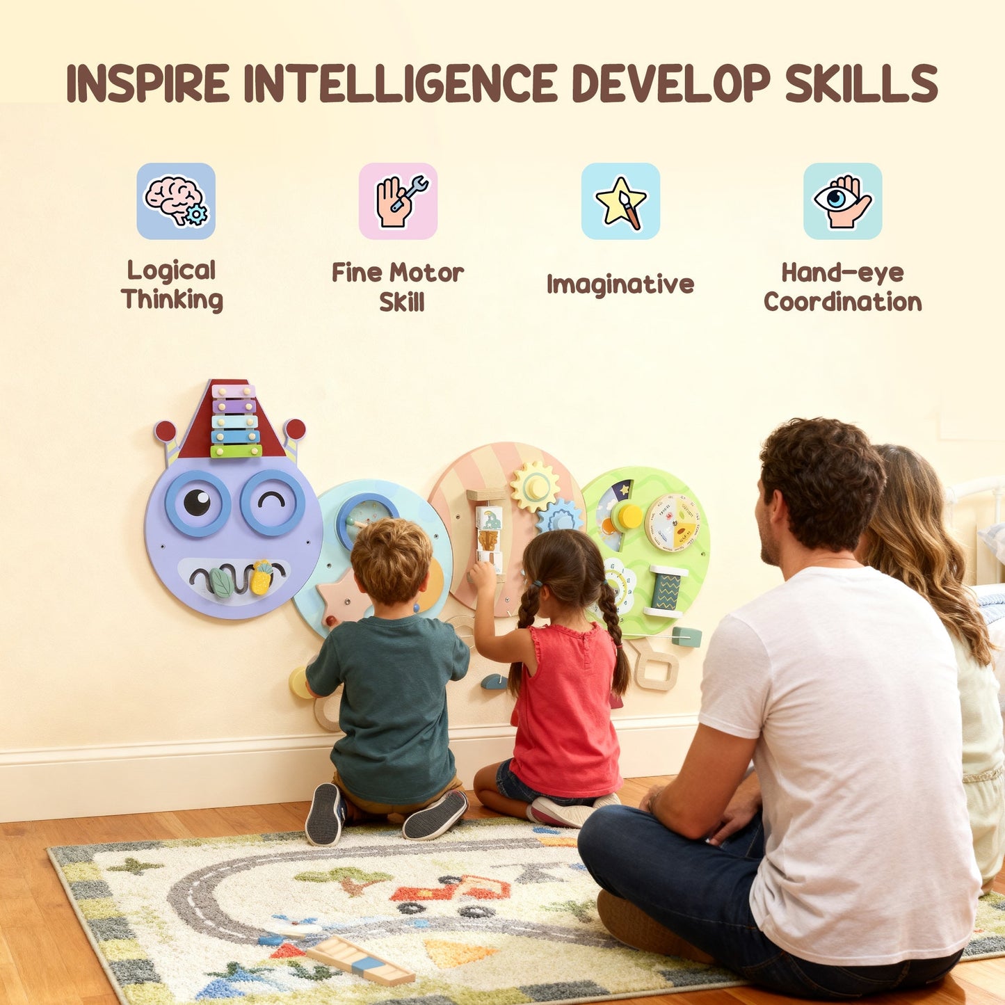 AIYAPLAY Caterpillar Busy Board With 7 Activities For Nursery Playroom Home Ages Three And Up Reduces Screen Time