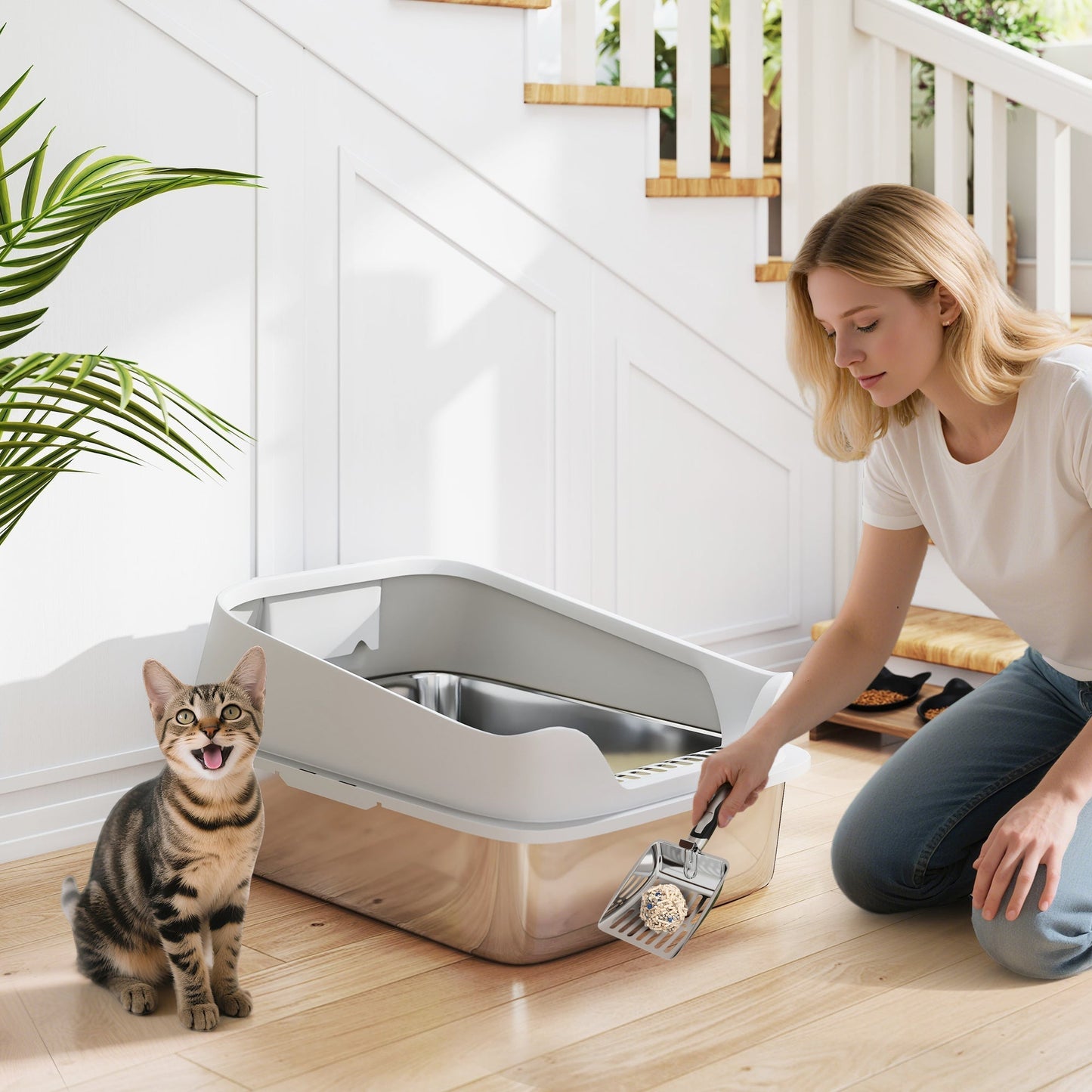 PawHut XL Stainless Steel Cat Litter Box With High Sides And Scoop, Odor Resistant, Spacious For Large Cats