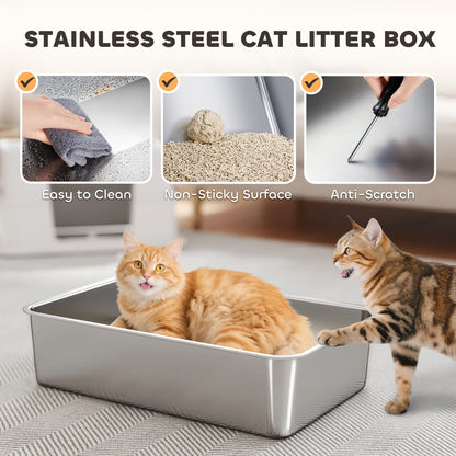 PawHut Stainless Steel Litter Box XL With 100 Degree Flip Top Dual Entry Odor Free For Large Cats