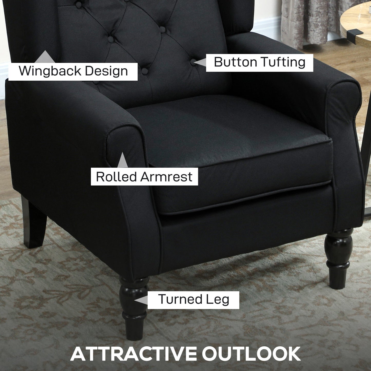 HOMCOM Retro Accent Chair Solid Wood Wingback Armchair With Button Tufting For Living Room And Bedroom