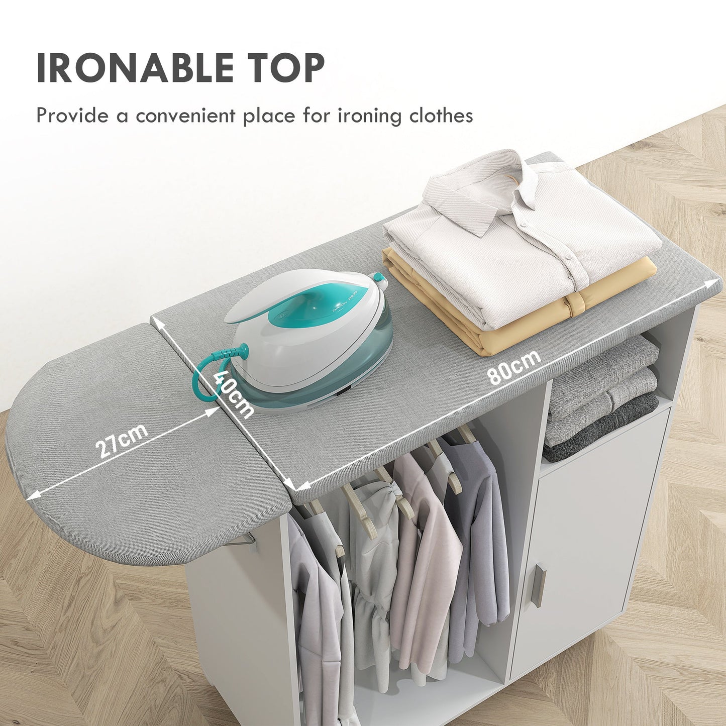 HOMCOM Rolling Ironing Board Cabinet Foldable Top With Storage And Wheels For Small Spaces