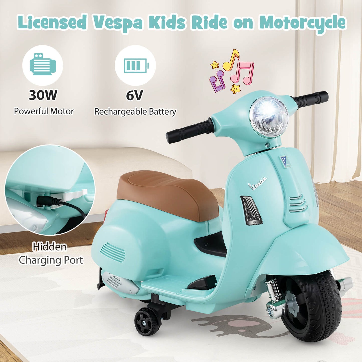Vespa Licensed 6V Kids Ride On Motorcycle with Lights and Horn Sound for Boys and Girls