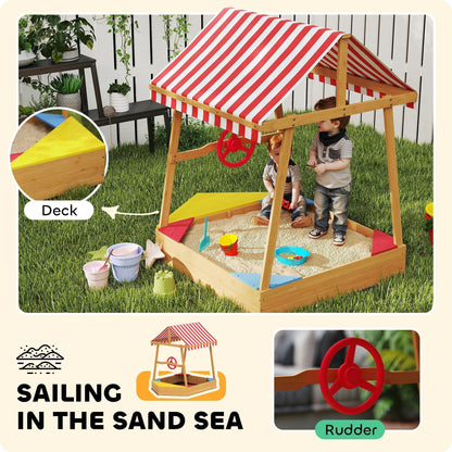 AIYAPLAY Wooden Boat Style Sandpit With Canopy For Kids Aged 3 To 8 Imaginative Outdoor Adventure