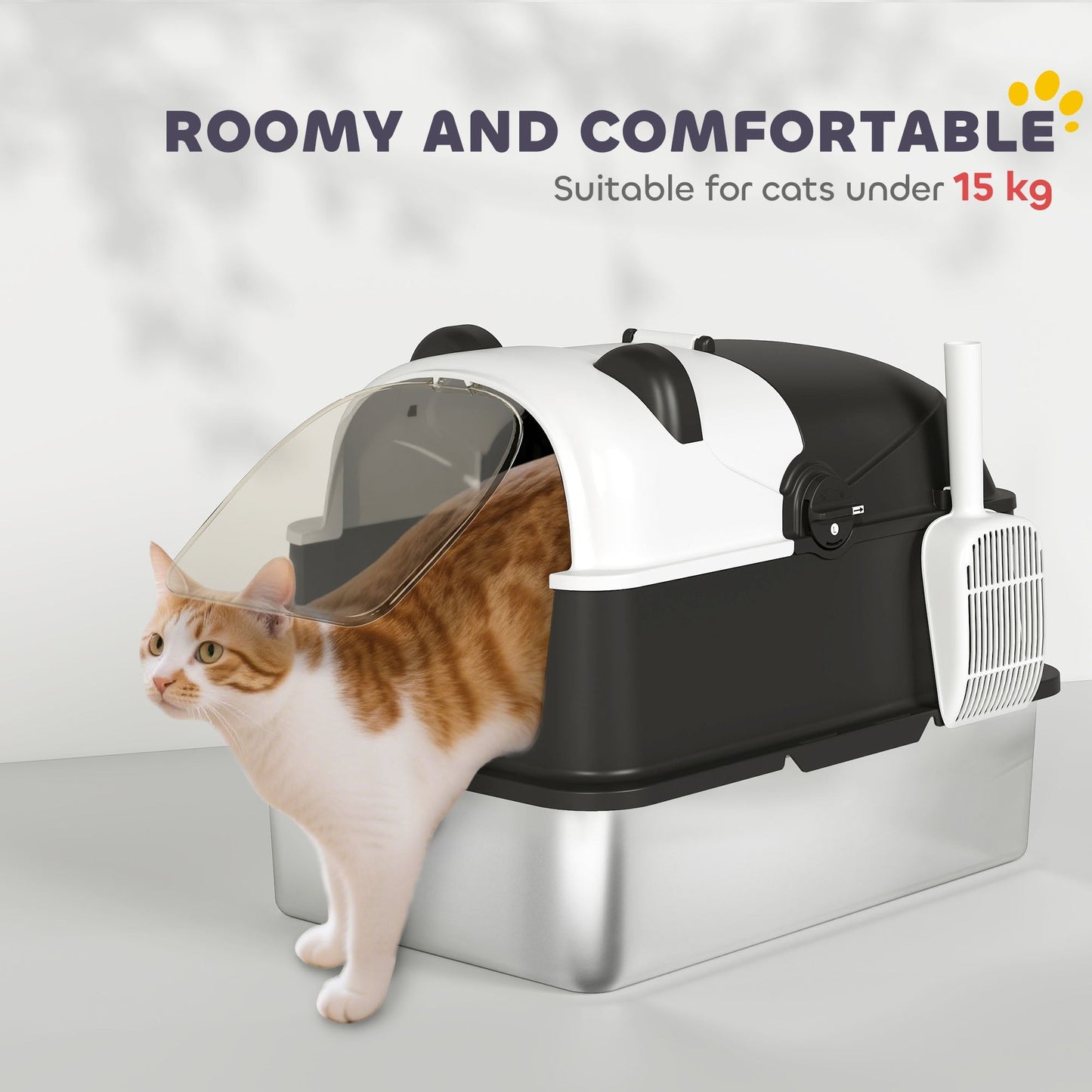 PawHut Panda Style XL Stainless Steel Cat Litter Box With Lid Enclosed For Cat Owners Scoop Included Easy Clean