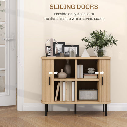 HOMCOM Mid Century Modern Sideboard Cabinet With Slatted Tambour Doors Ideal For Small Kitchens Oak Tone