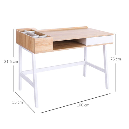 HOMCOM Computer Desk With Storage Drawer And Cable Management Oak White Ideal For Home Office And Students