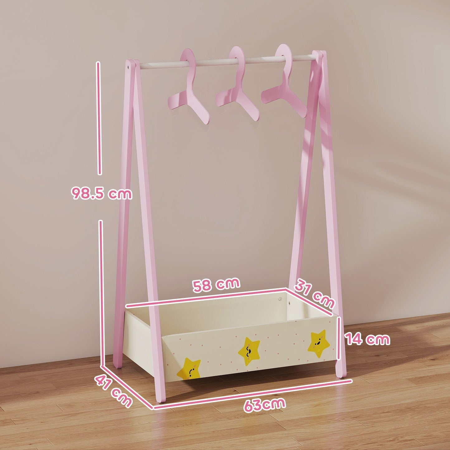 AIYAPLAY Kids Clothing Rack With Hangers And Storage Shelf Pink Star Theme Ages 3 To 6