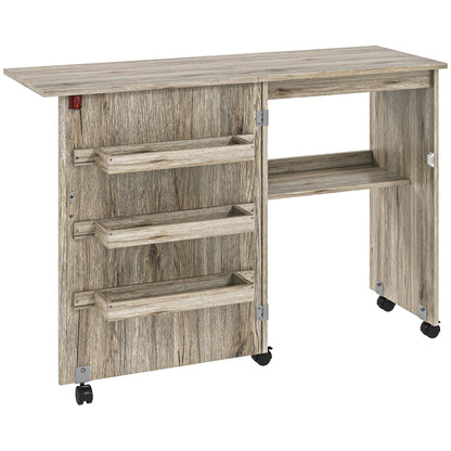 HOMCOM Folding Sewing Table With Drop Leaf And Versatile Storage Bins On Wheels For Small Spaces
