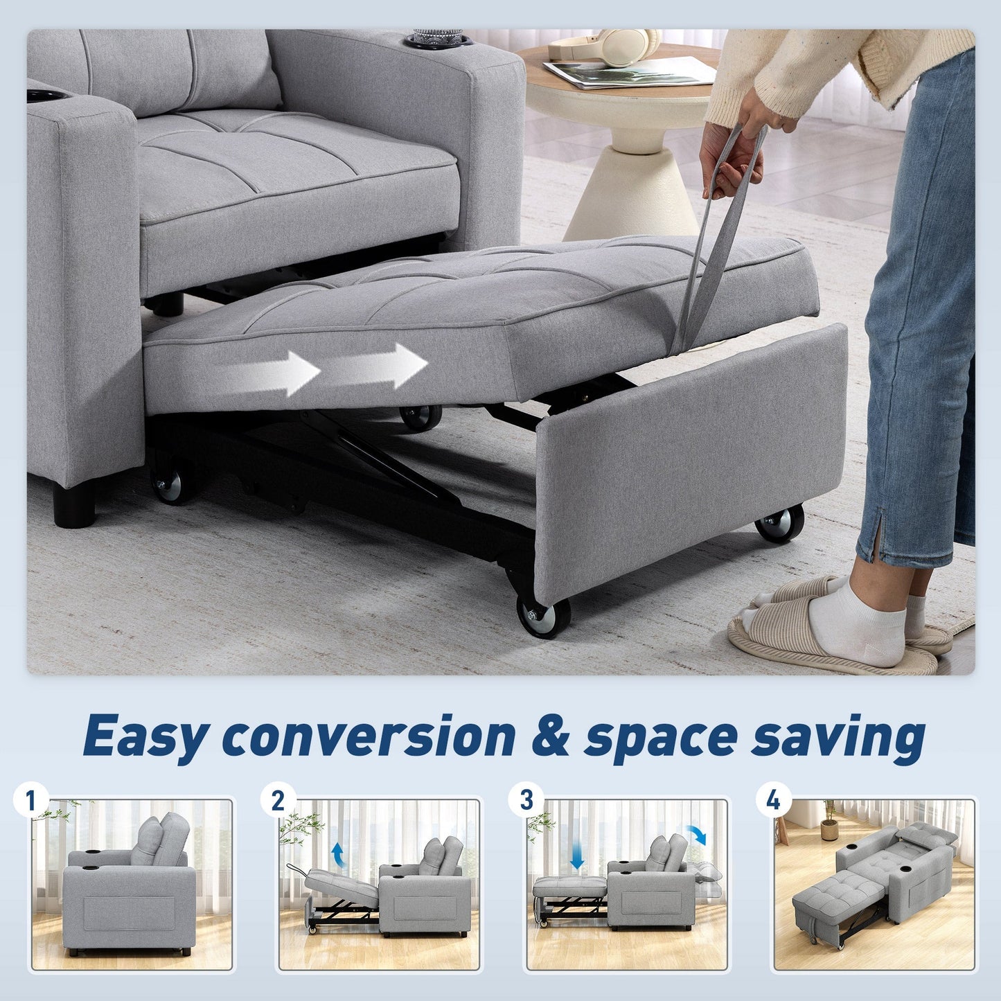 HOMCOM 3-In-1 Sofa Bed Chair For Small Spaces With High-Density Foam Comfort