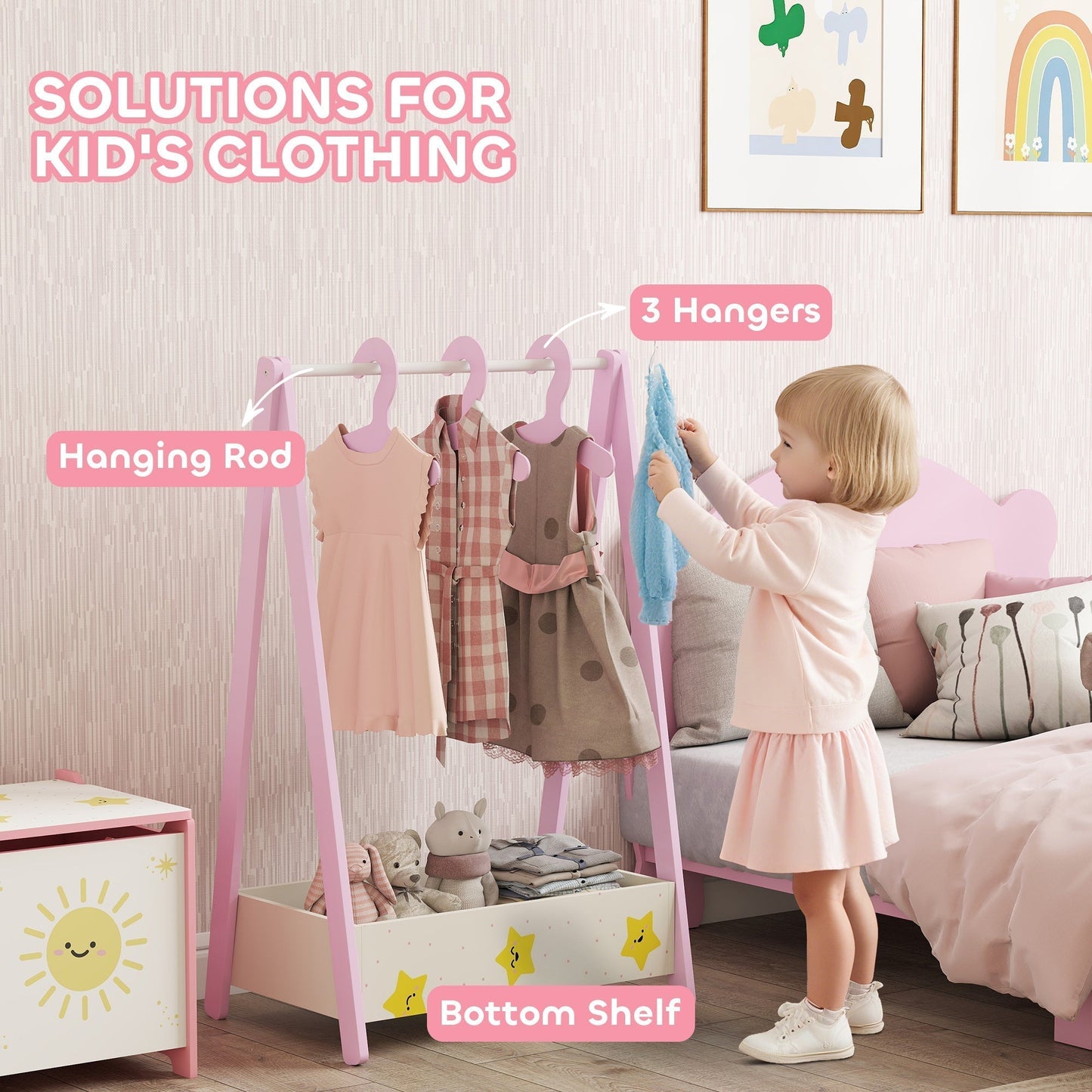AIYAPLAY Kids Clothing Rack With Hangers And Storage Shelf Pink Star Theme Ages 3 To 6