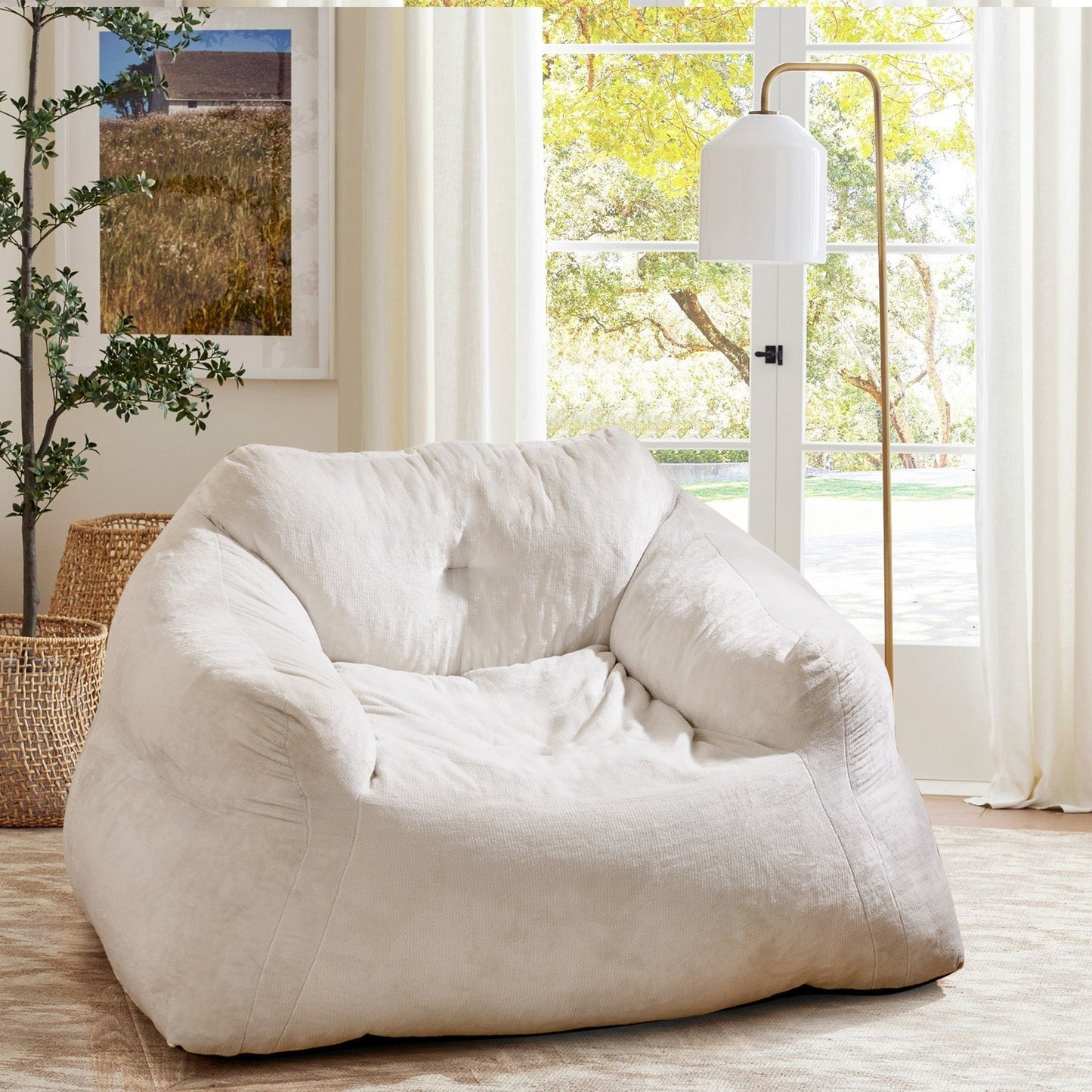 Bean Bag Chair With Velvet Cover And Non Slip Bottom In Beige For Bedroom Cozy Modern Seating