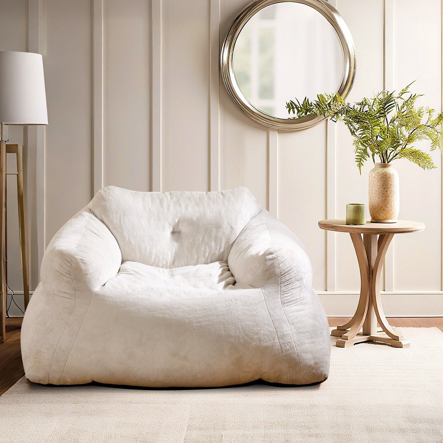 Bean Bag Chair With Velvet Cover And Non Slip Bottom In Beige For Bedroom Cozy Modern Seating