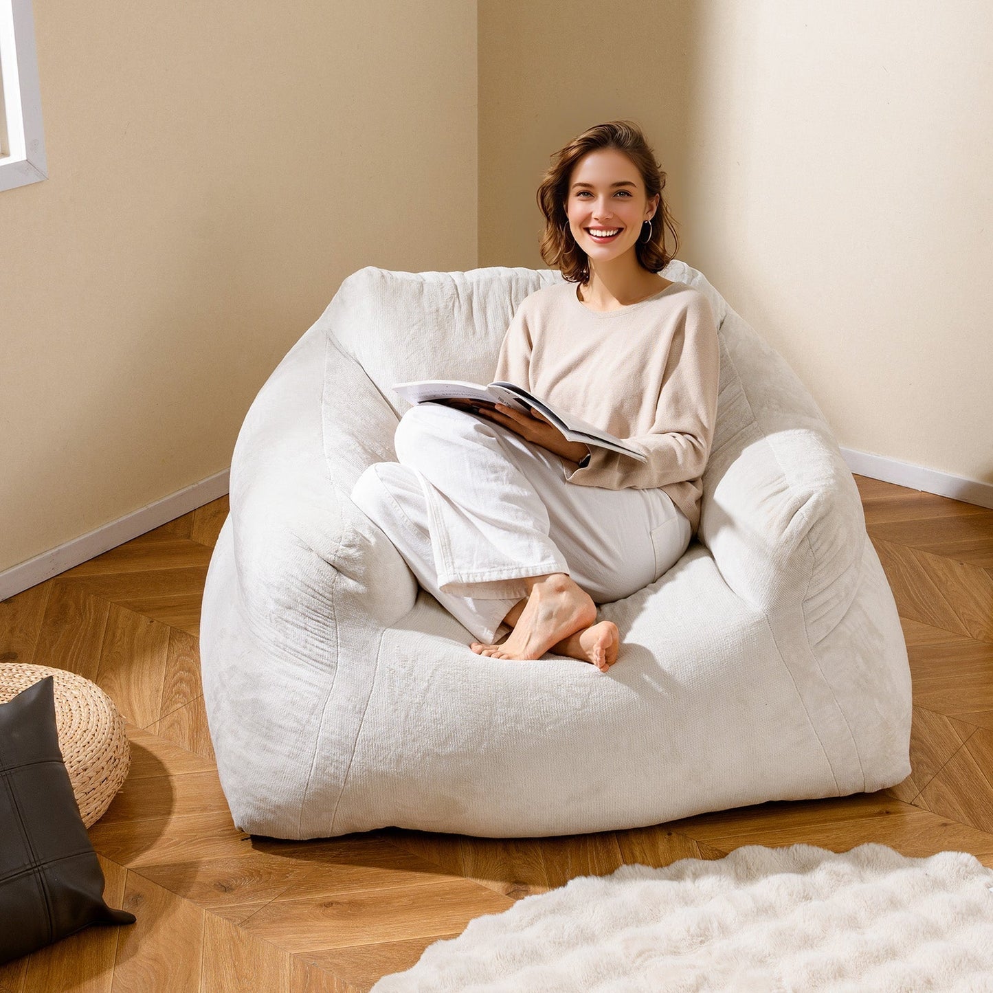 Bean Bag Chair With Velvet Cover And Non Slip Bottom In Beige For Bedroom Cozy Modern Seating