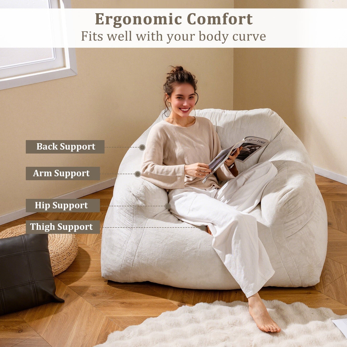 Bean Bag Chair With Velvet Cover And Non Slip Bottom In Beige For Bedroom Cozy Modern Seating