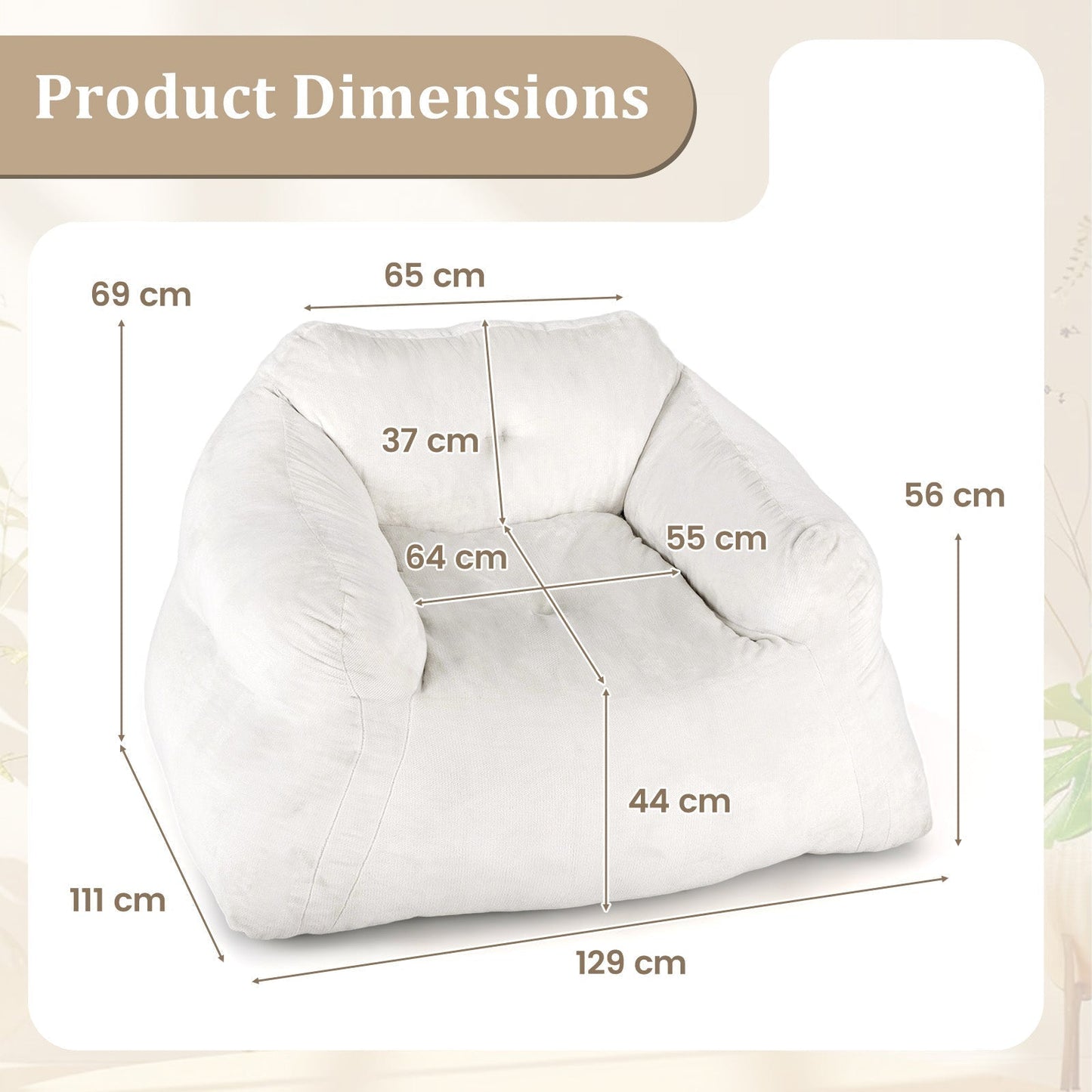 Bean Bag Chair With Velvet Cover And Non Slip Bottom In Beige For Bedroom Cozy Modern Seating